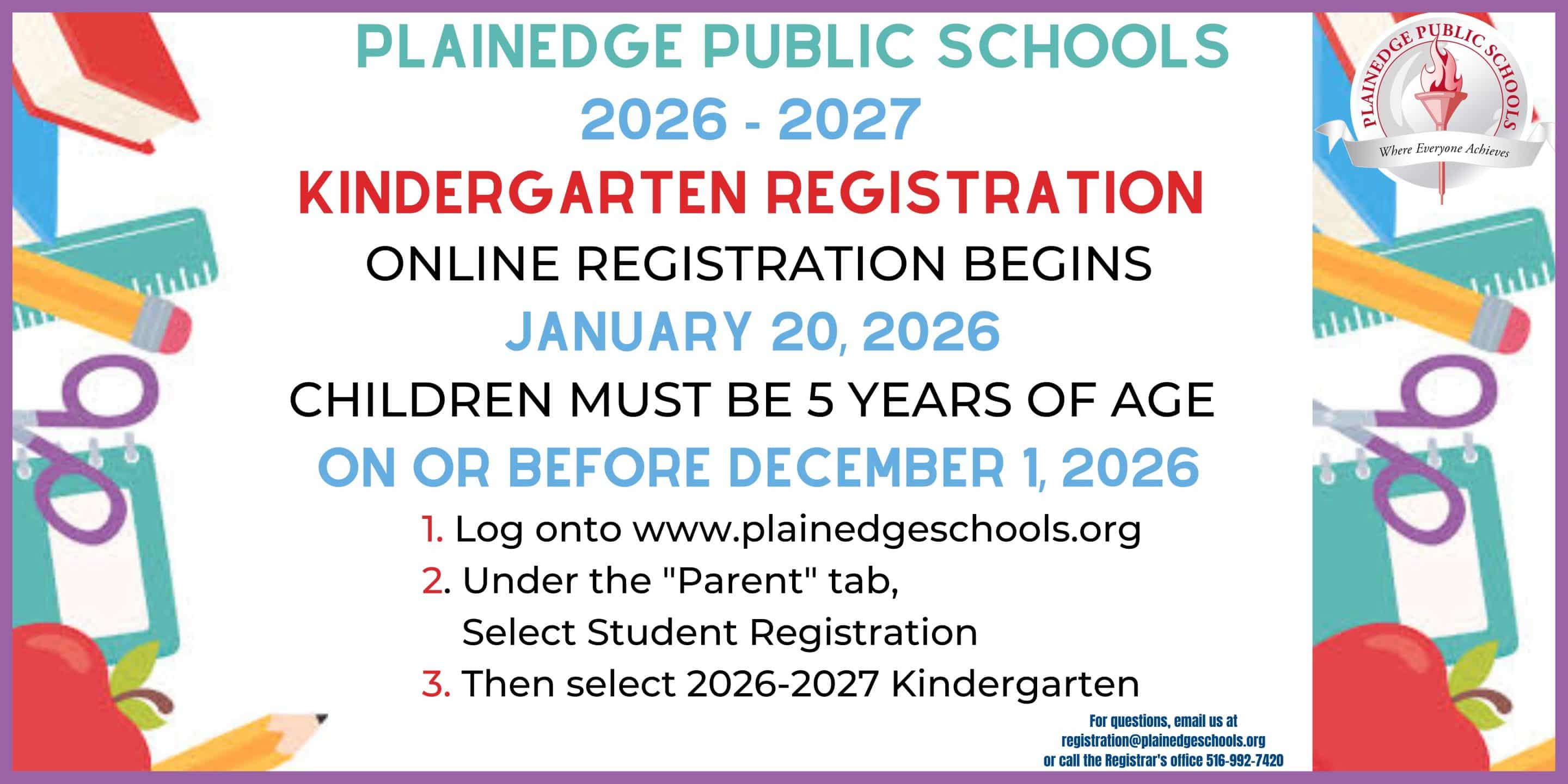 Kindergarten Registration-2026-2027 2 Kindergarten Registration | Plainedge School District
